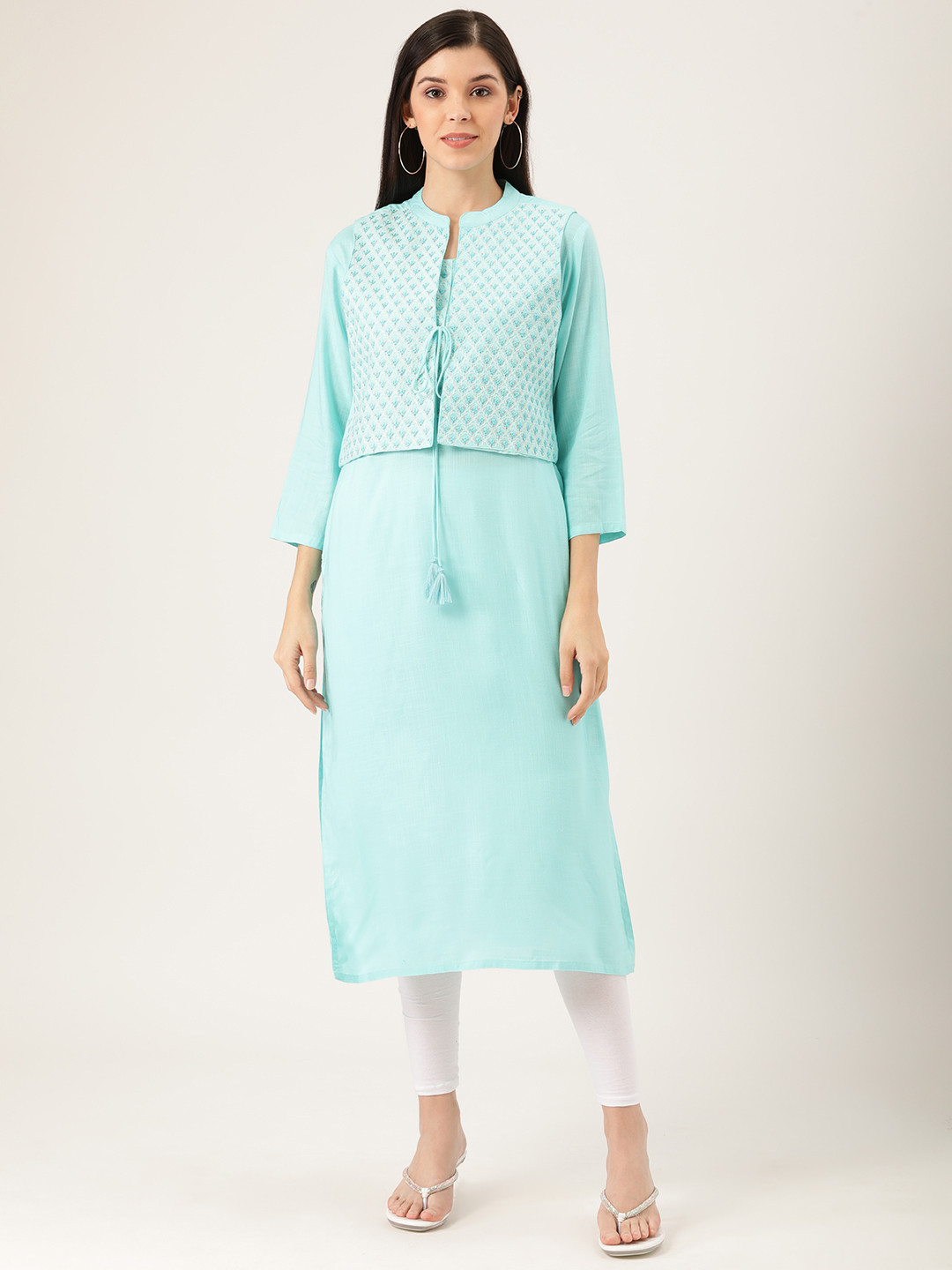 

Prakrti Women Blue Straight Kurta With Embroidered Jacket