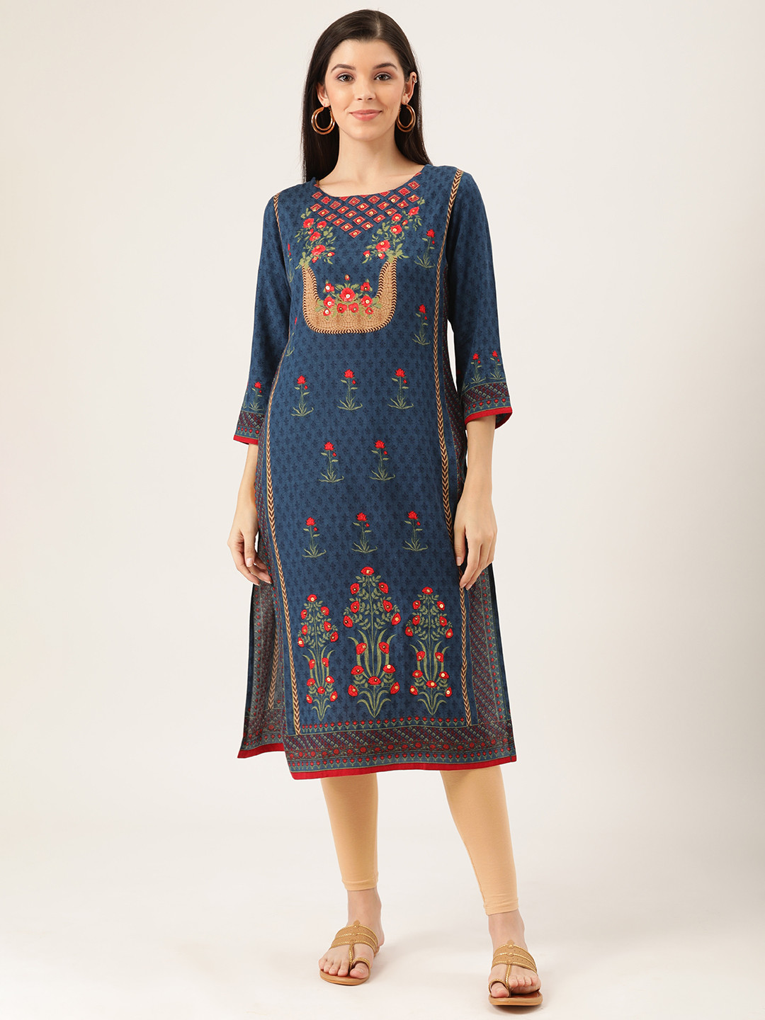 

Prakrti Women Navy Blue & Red Floral Printed Straight Kurta