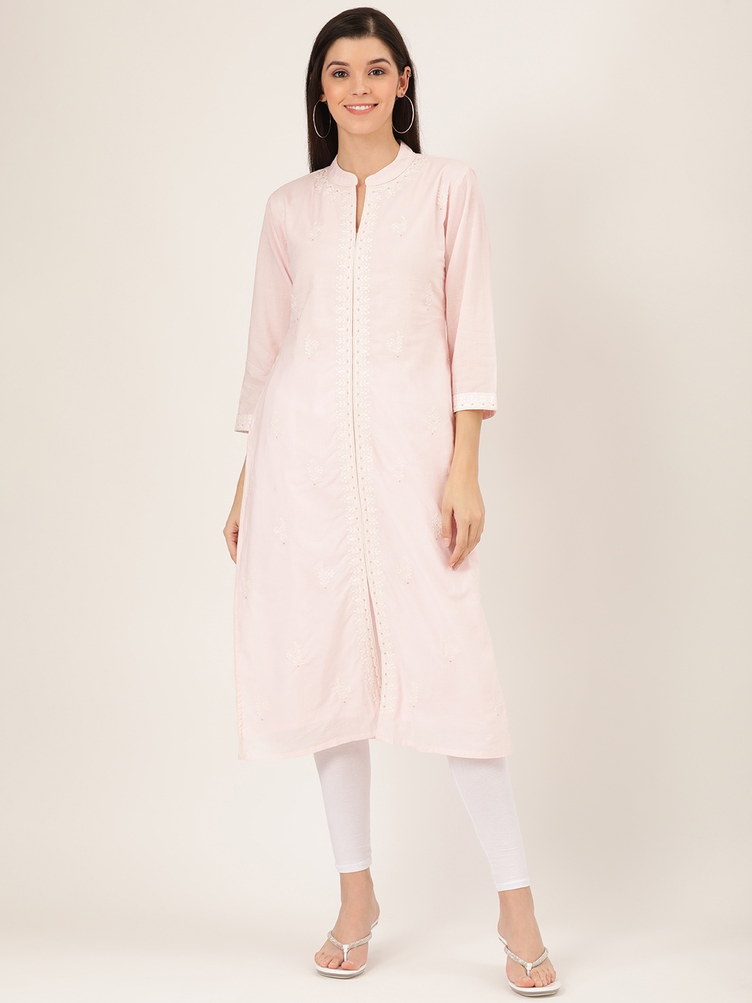 

Prakrit Women Pink & White Floral Chikankari Embroidered Straight Kurta