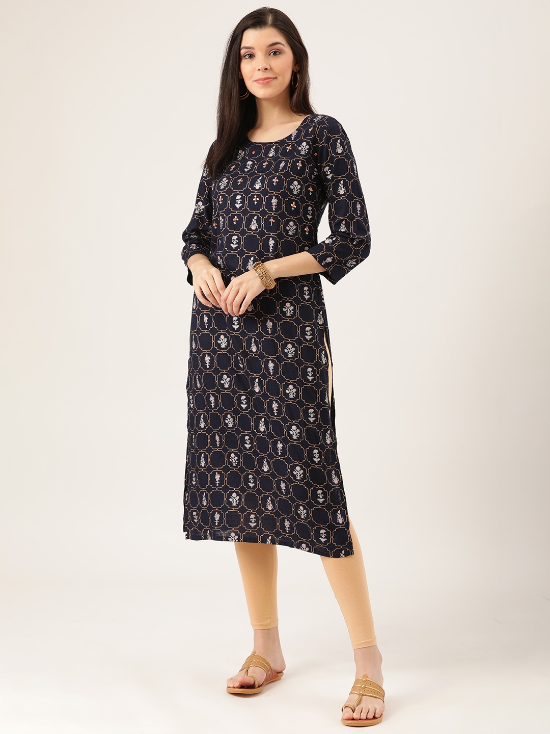 

Prakrit Women Navy Blue & Golden Floral Detail Boota Printed Straight Kurta
