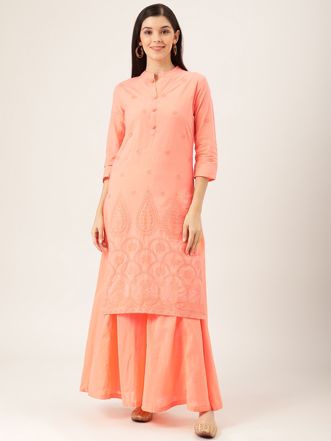

Prakrti Women Peach-Coloured Embroidered Kurta with Palazzos