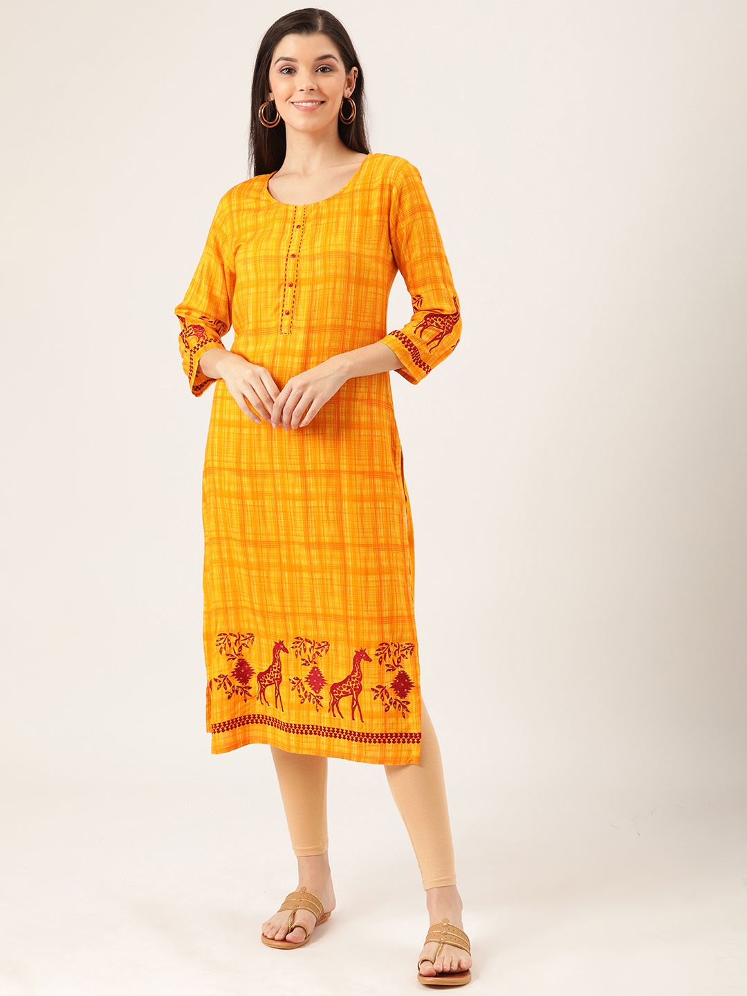 

Prakrti Women Mustard Yellow & Orange Quirky Print Detail Checked Straight Kurta