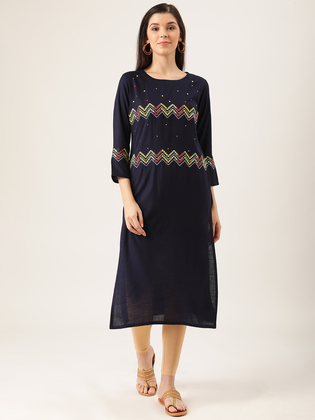 

Prakrti Women Navy Blue & Yellow Chevron Embroidered Straight Kurta