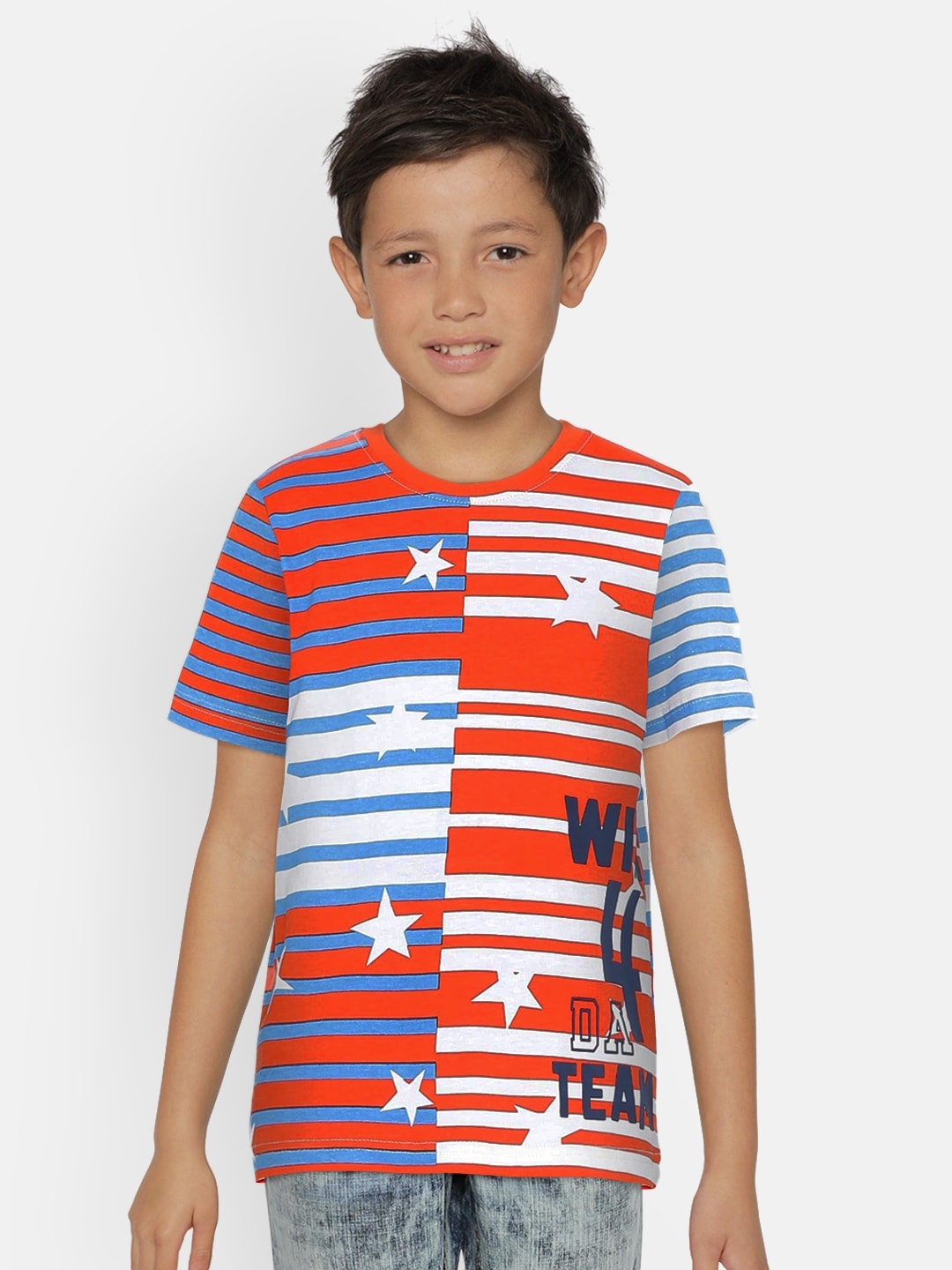 

UNDER FOURTEEN ONLY Boys Red & White Striped Round Neck T-shirt