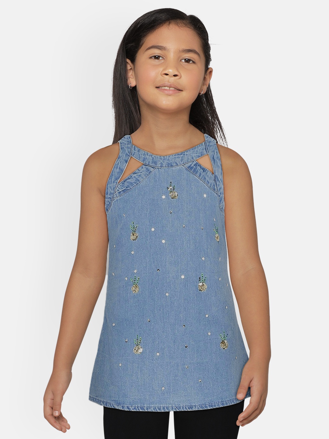 

UNDER FOURTEEN ONLY Girls Blue Sequin Embroidered Pure Cotton Top