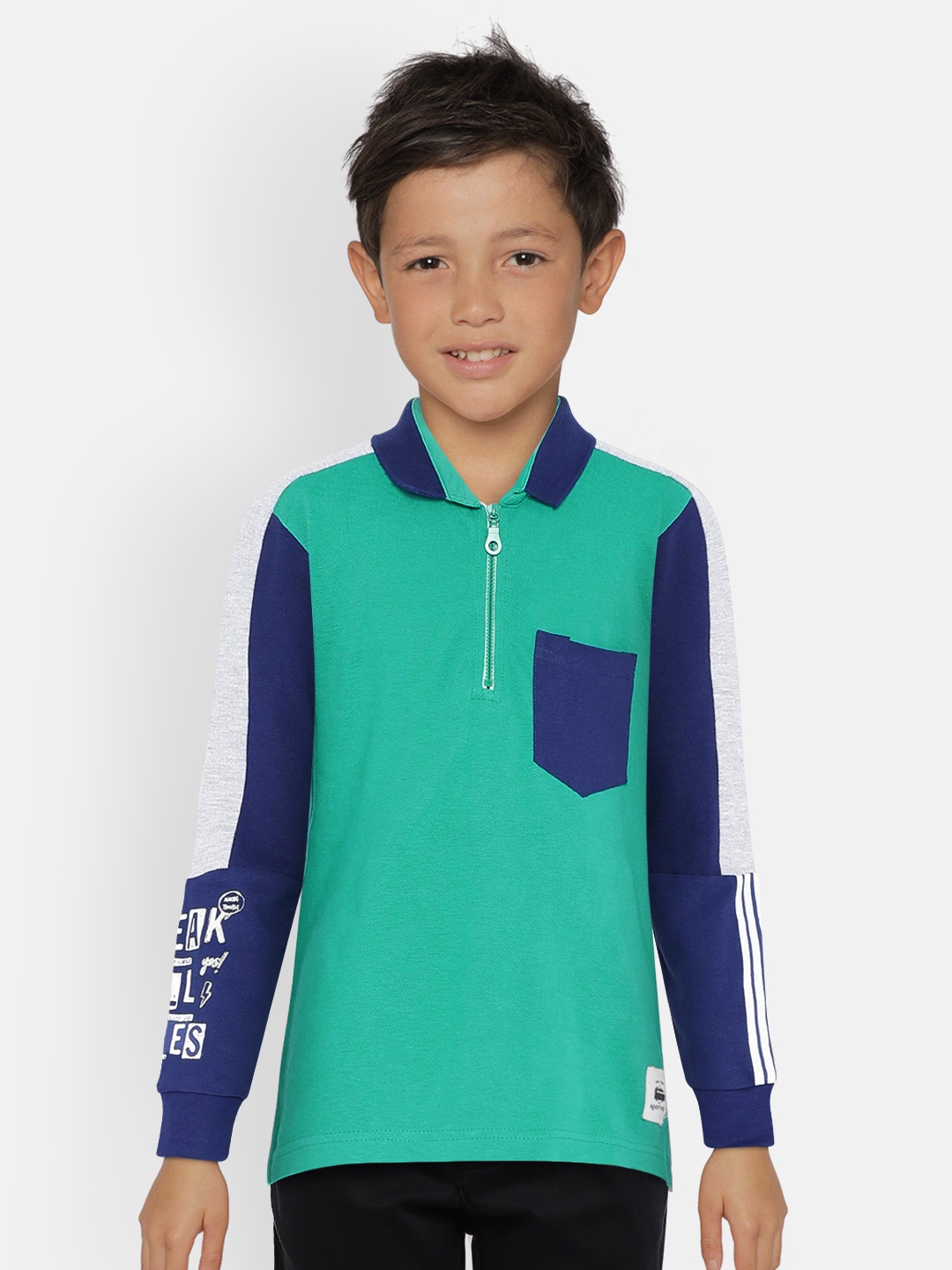 

UNDER FOURTEEN ONLY Boys Green Colourblocked Polo Collar Pure Cotton T-shirt