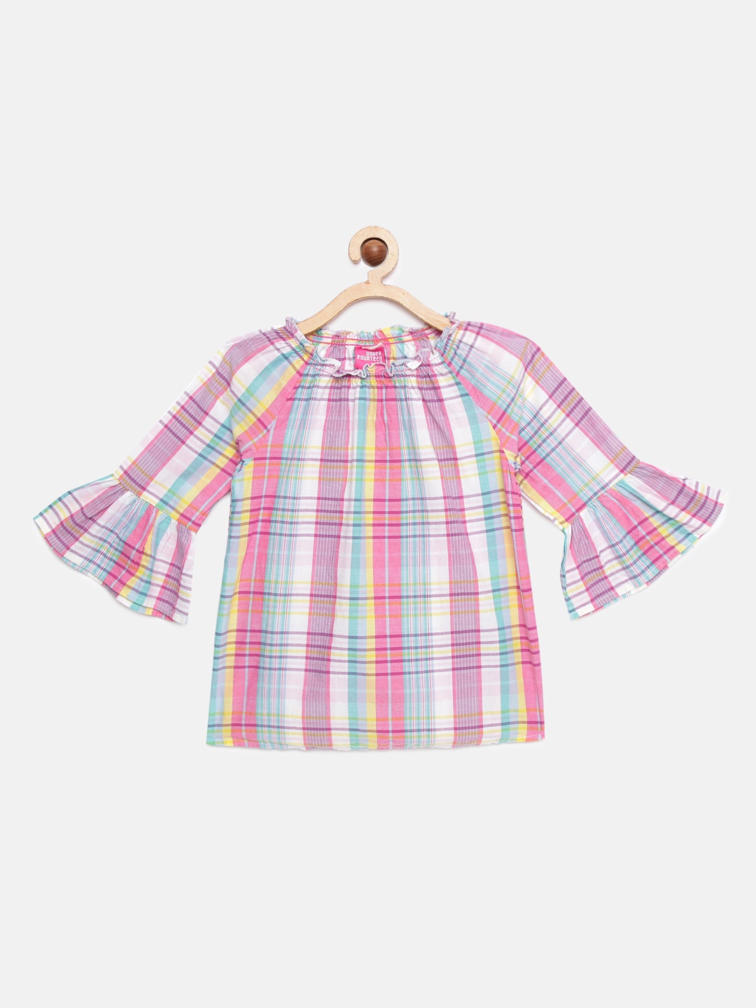 

UNDER FOURTEEN ONLY Girls Pink Checked Pure Cotton Top