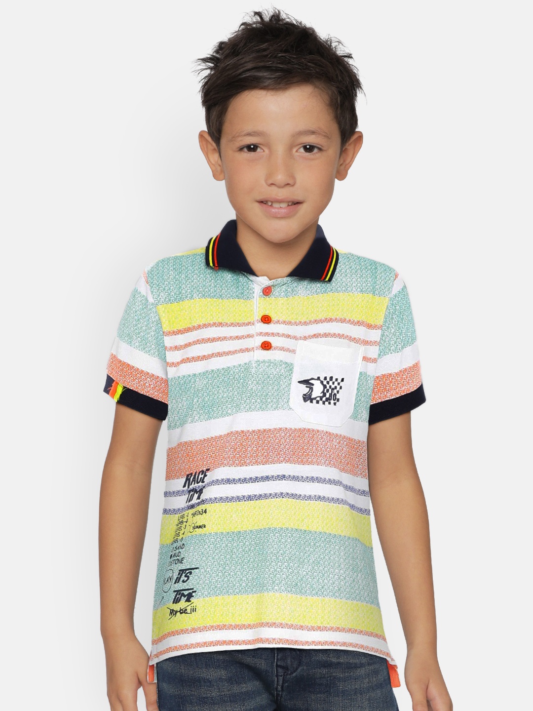 

UNDER FOURTEEN ONLY Boys Yellow & Green Striped Polo Collar T-shirt