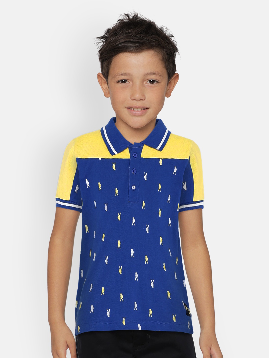 

UNDER FOURTEEN ONLY Boys Blue & Yellow Colourblocked Polo Collar T-shirt