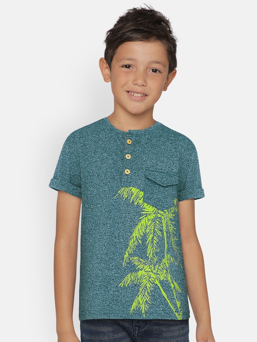 

UNDER FOURTEEN ONLY Boys Teal Blue Printed Round Neck T-shirt