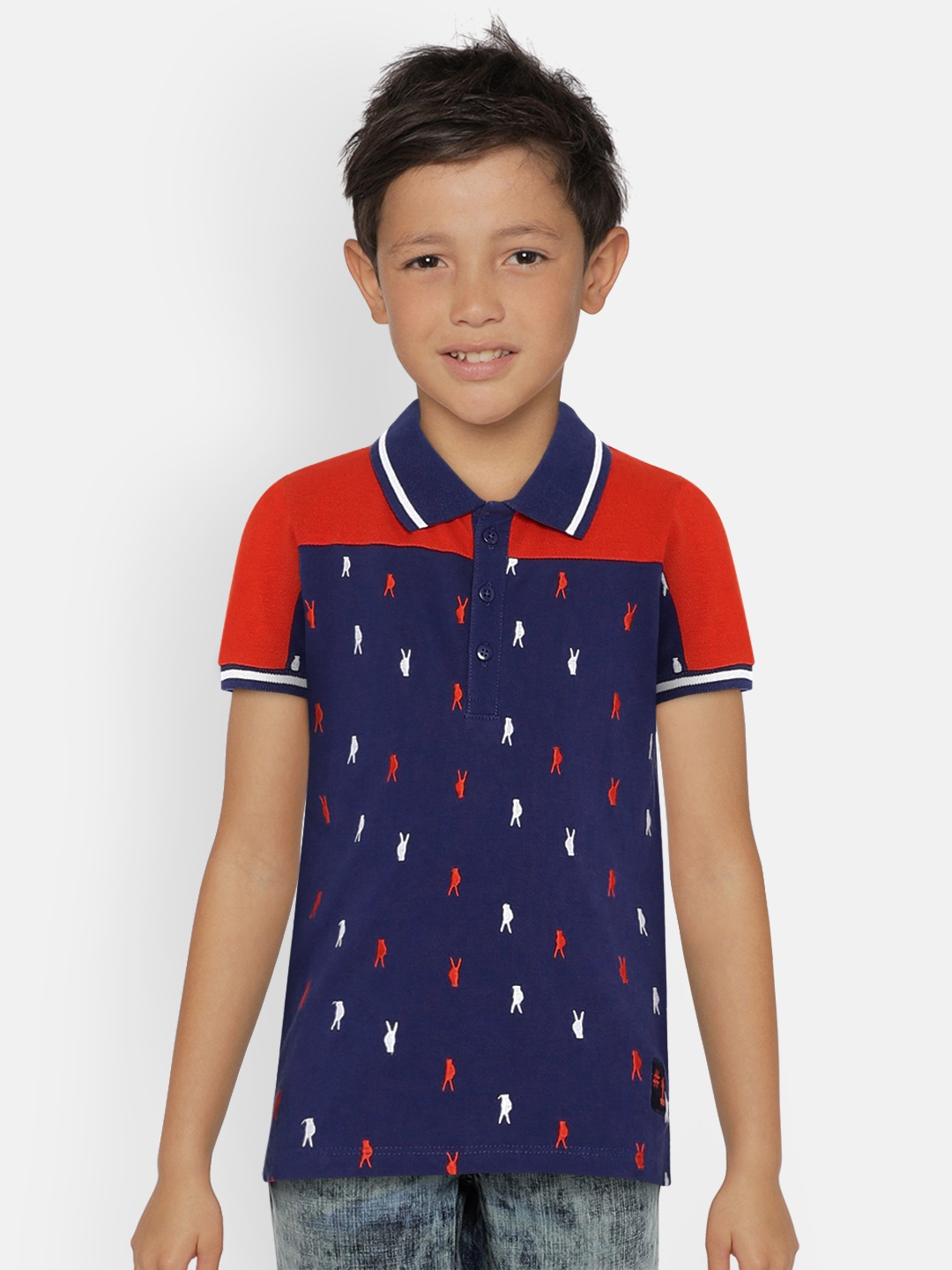 

UNDER FOURTEEN ONLY Boys Navy Blue & Red Colourblocked Polo Collar T-shirt