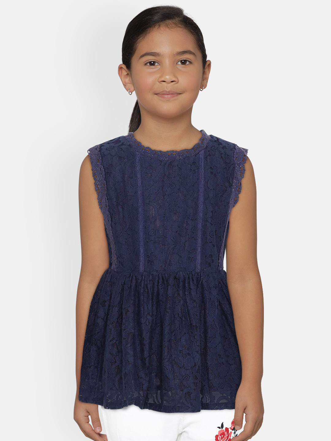 

UNDER FOURTEEN ONLY Girls Navy Blue Self Design Pure Cotton Top
