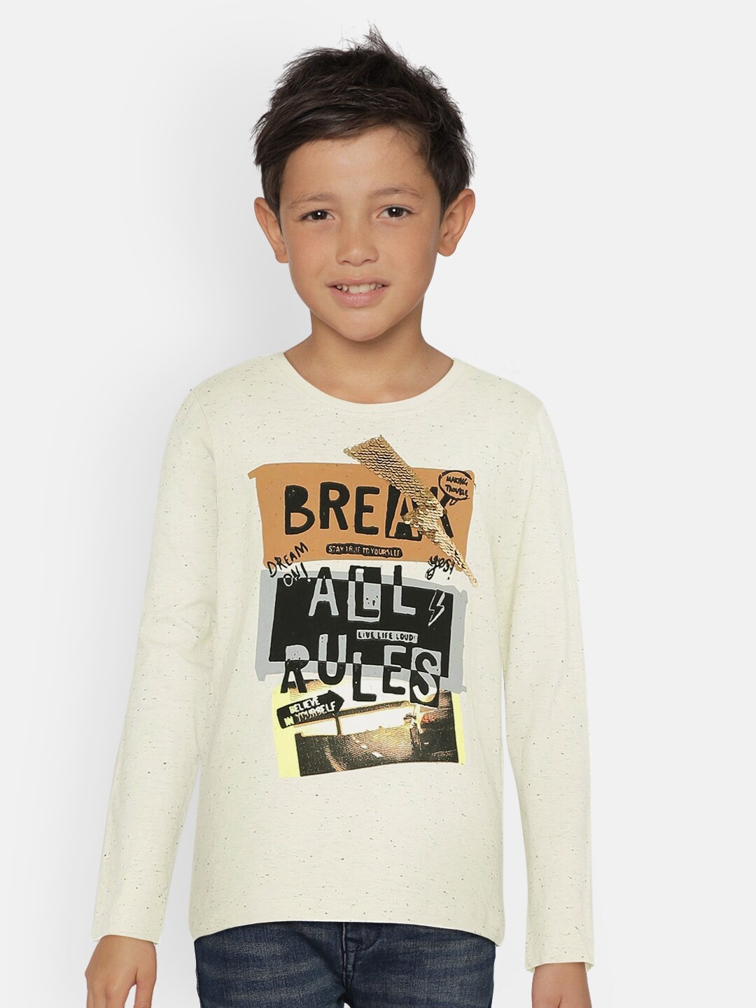 

UNDER FOURTEEN ONLY Boys Off-White Printed Round Neck T-shirt