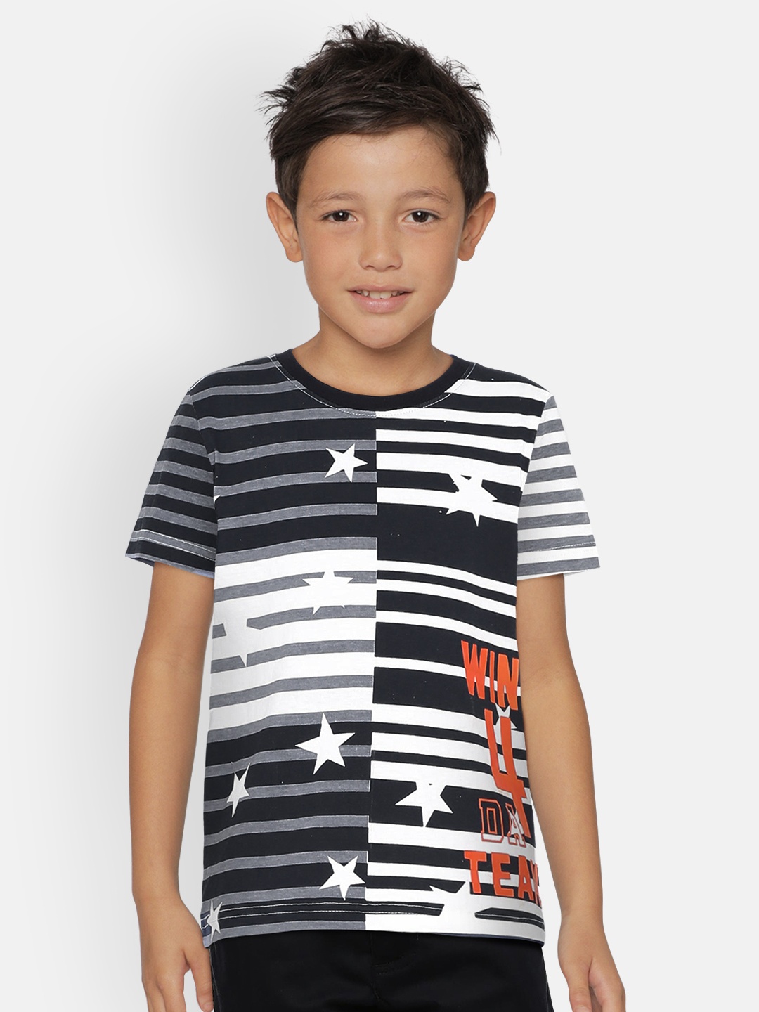

UNDER FOURTEEN ONLY Boys Navy Blue Striped Round Neck T-shirt