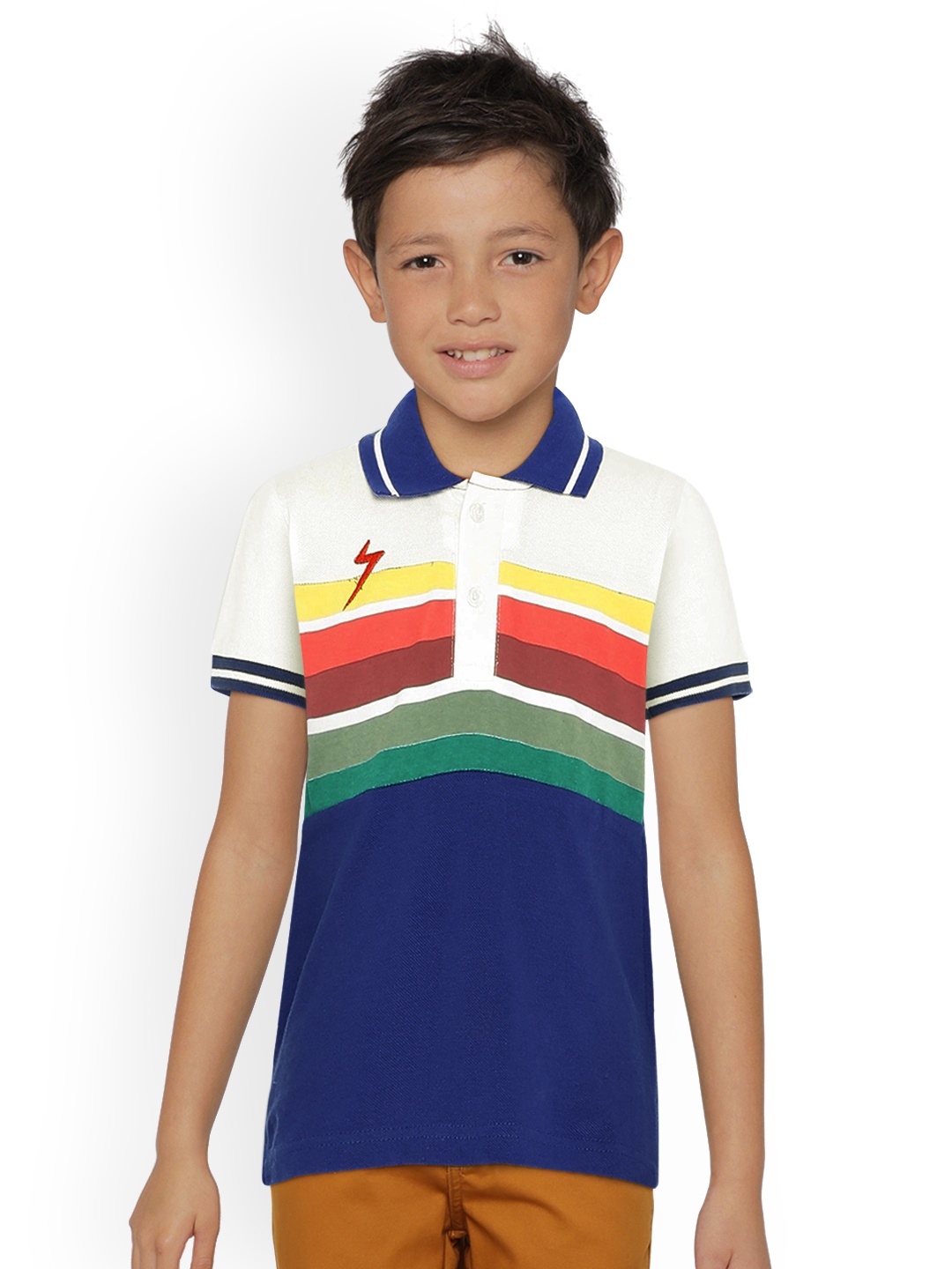 

UNDER FOURTEEN ONLY Boys Navy Blue & White Striped Polo Collar T-shirt