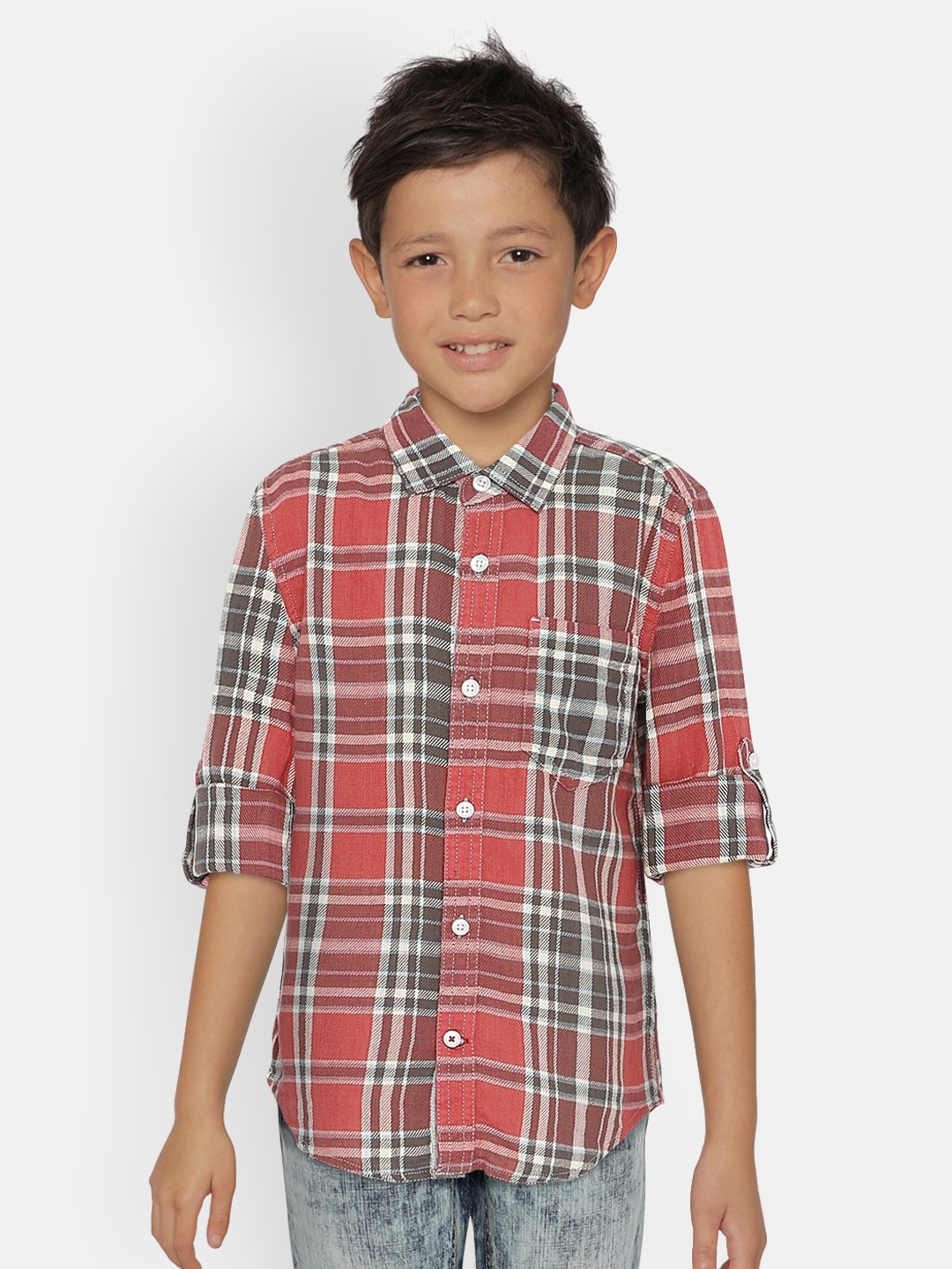 

UNDER FOURTEEN ONLY Boys Red & Grey Regular Fit Checked Casual Shirt