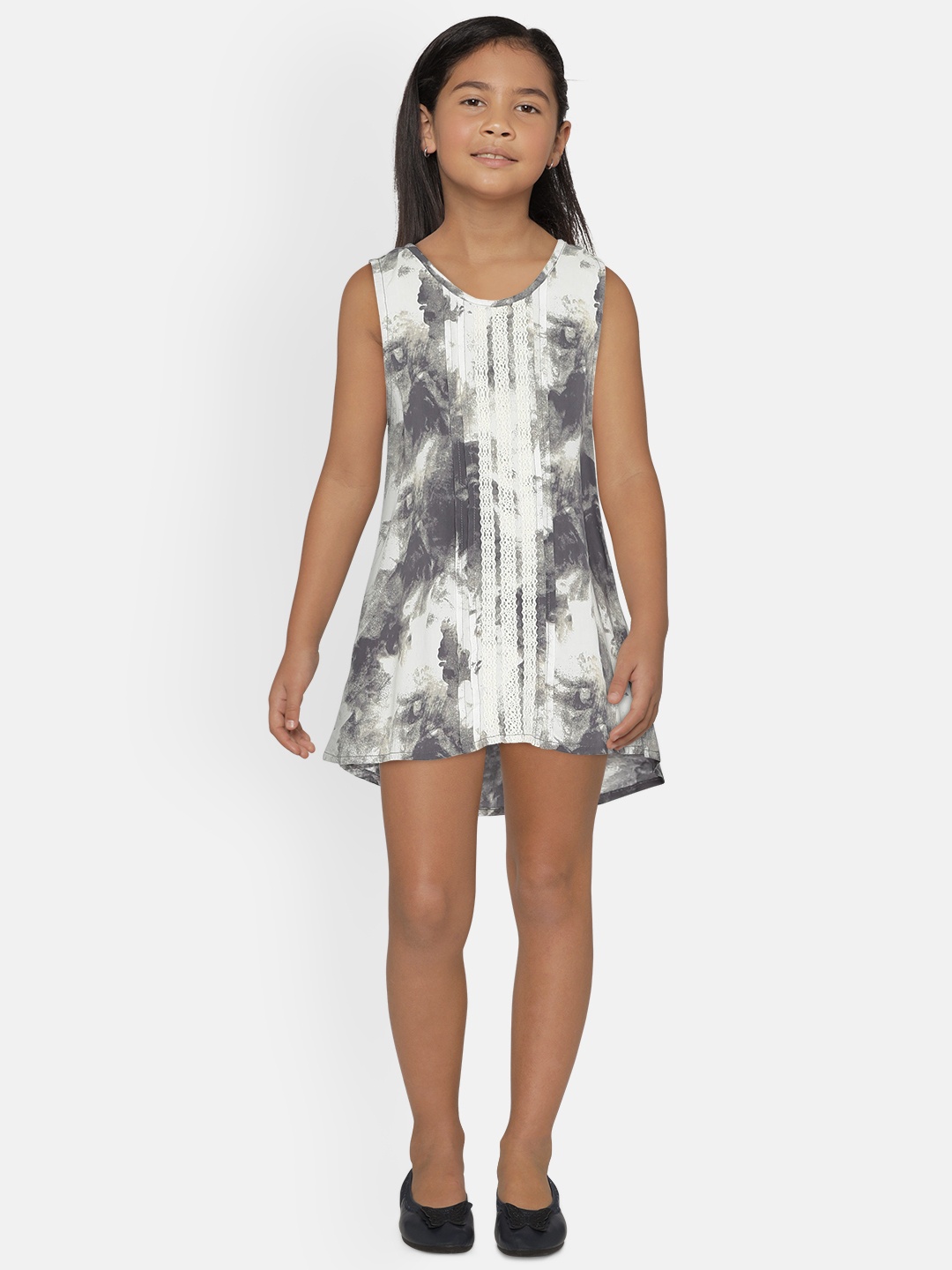 

UNDER FOURTEEN ONLY Girls Grey & Off-White Tie & Dye A-Line Dress