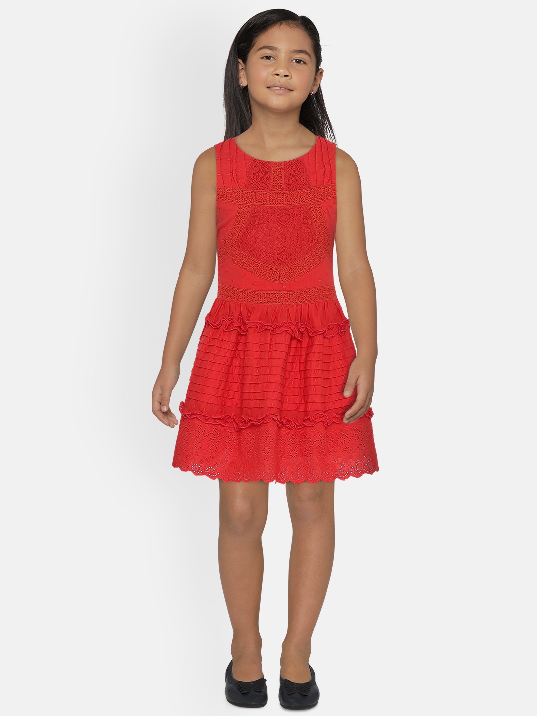 

UNDER FOURTEEN ONLY Girls Red Self Design Fit and Flare Dress