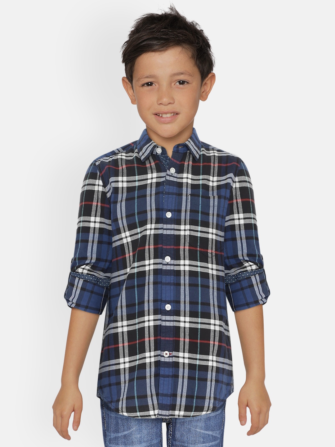 

UNDER FOURTEEN ONLY Boys Navy Blue & White Checked Regular Fit Casual Shirt