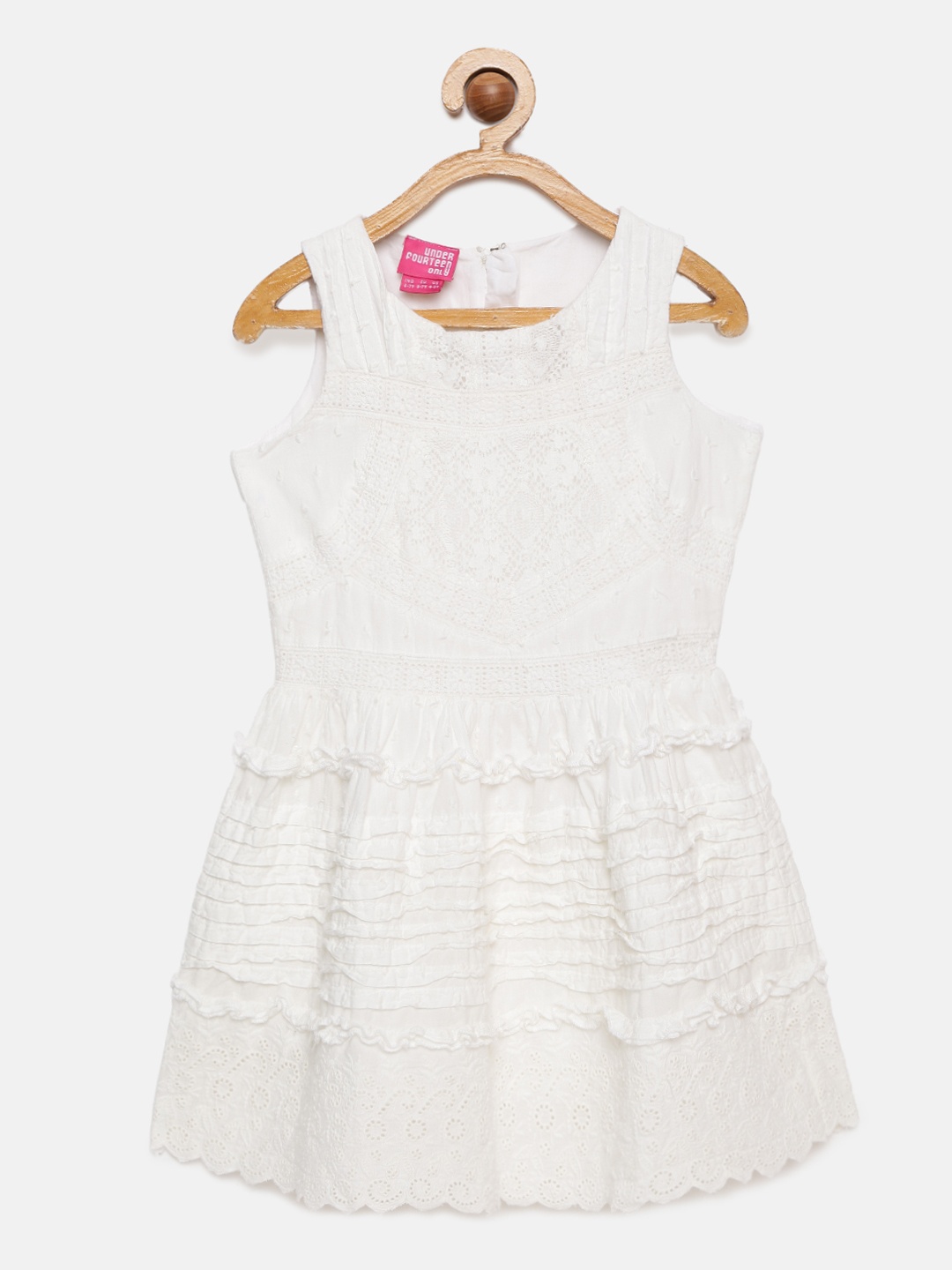 

UNDER FOURTEEN ONLY Girls White Self Design A-Line Dress