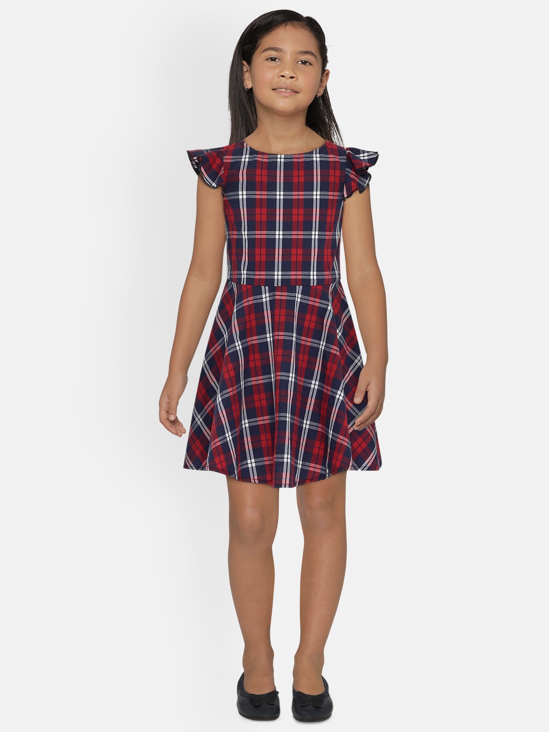 

UNDER FOURTEEN ONLY Girls Red & Blue Checked Fit and Flare Dress