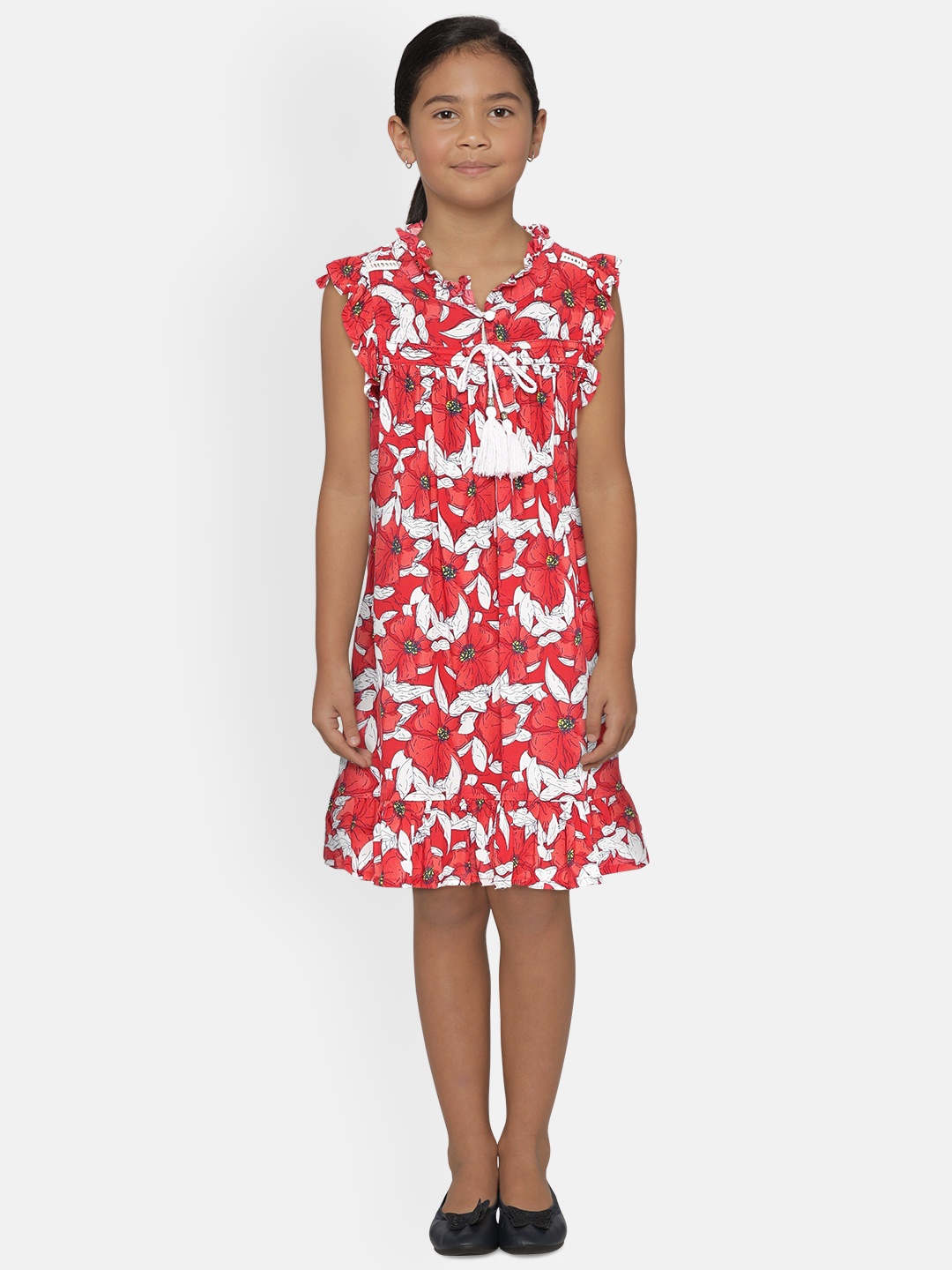 

UNDER FOURTEEN ONLY Girls Red And White Printed A-Line Dress