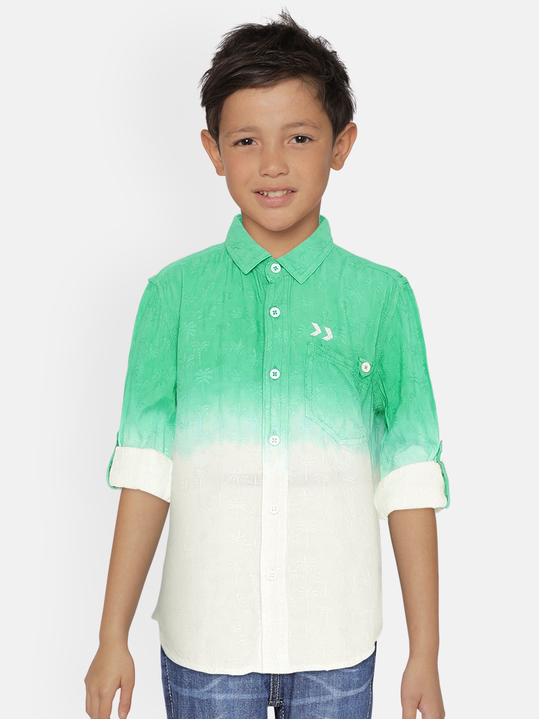 

UNDER FOURTEEN ONLY Boys Green & White Regular Fit Colourblocked Casual Shirt