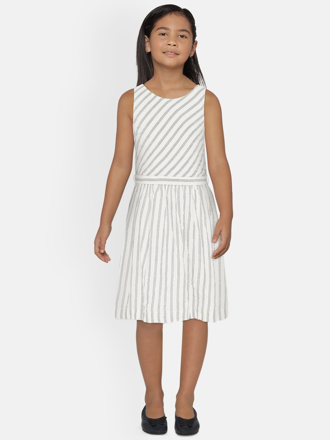 

UNDER FOURTEEN ONLY Girls Grey And White Striped A-Line Dress