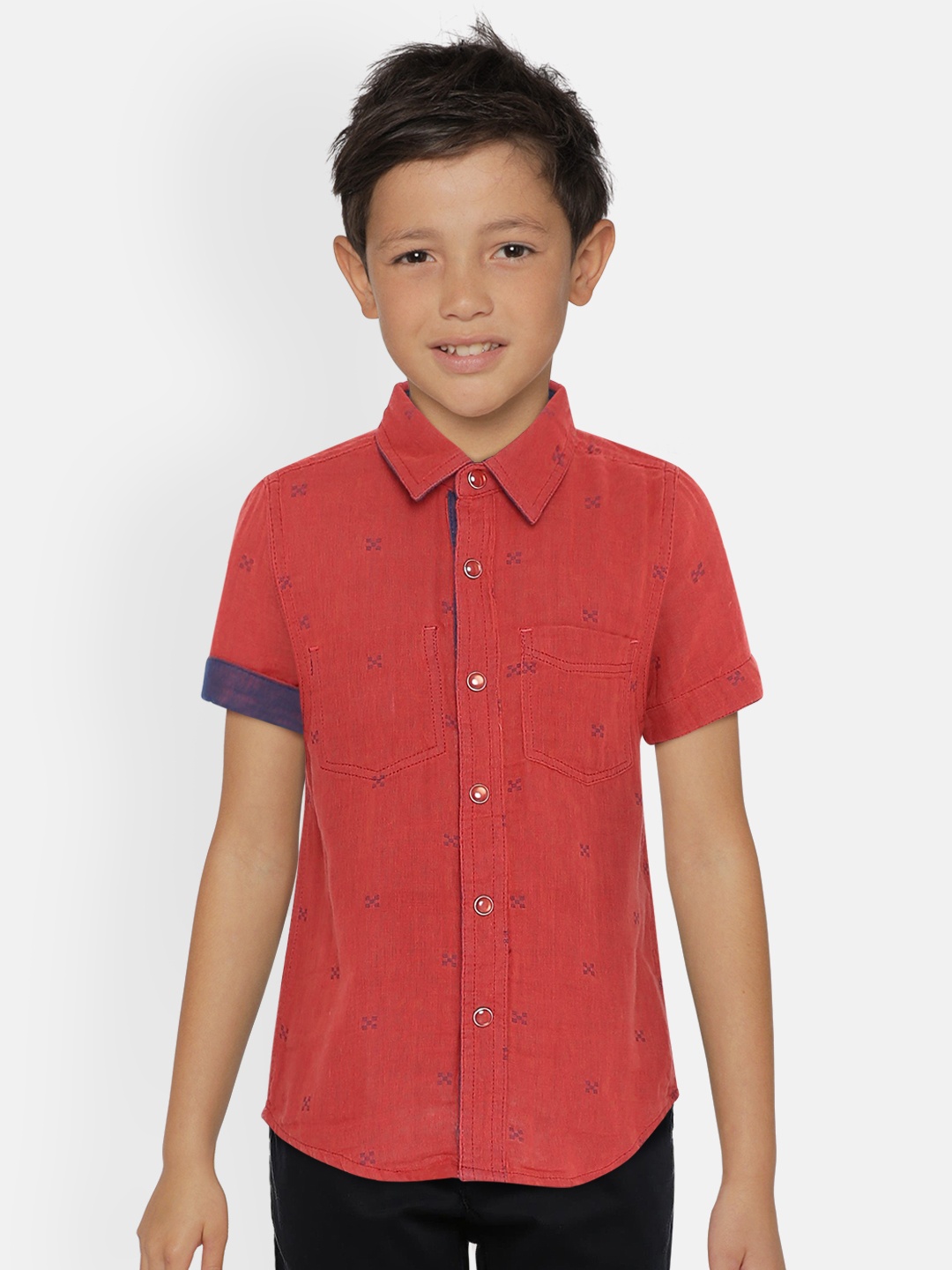 

UNDER FOURTEEN ONLY Boys Red & Navy Blue Regular Fit Printed Casual Shirt