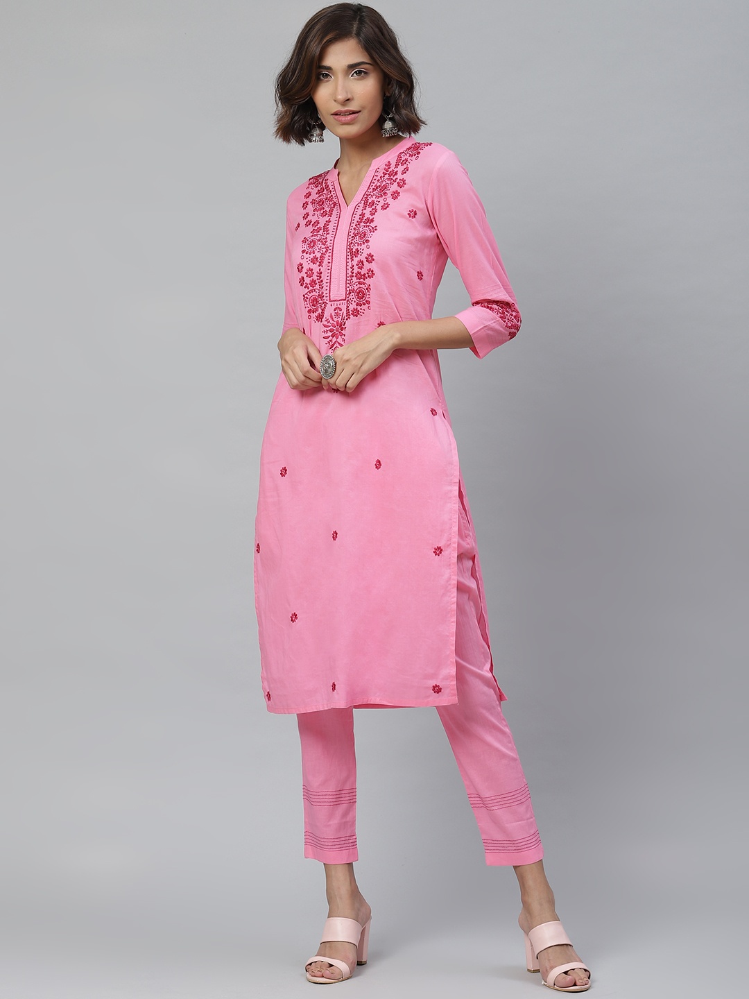 

ADA Women Pink & Red Chikankari Embroidered Sustainable Handloom Kurta with Trousers
