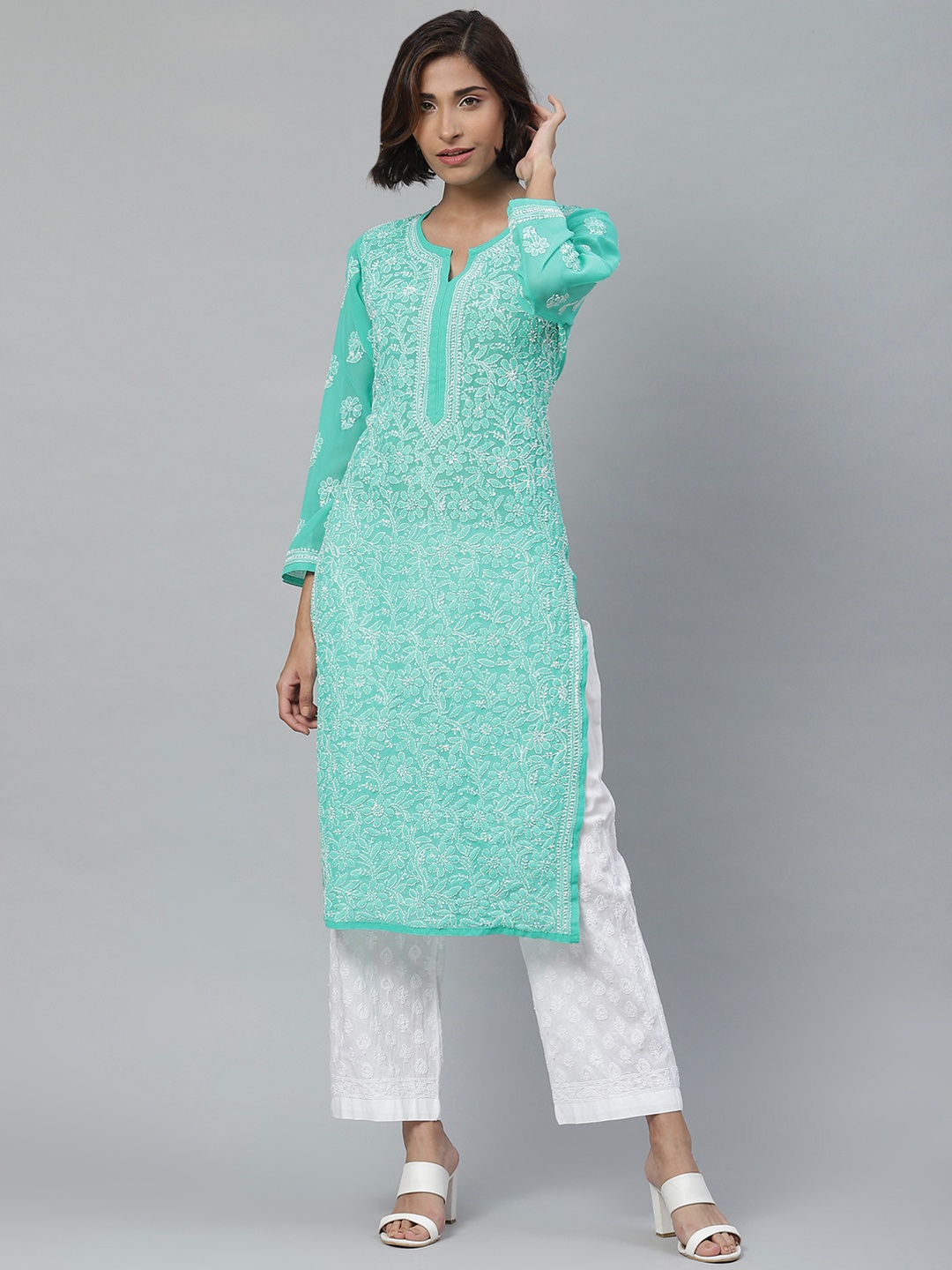 

ADA Women Sea Green & White Chikankari Embroidered Sustainable Handloom Kurta with Palazzos