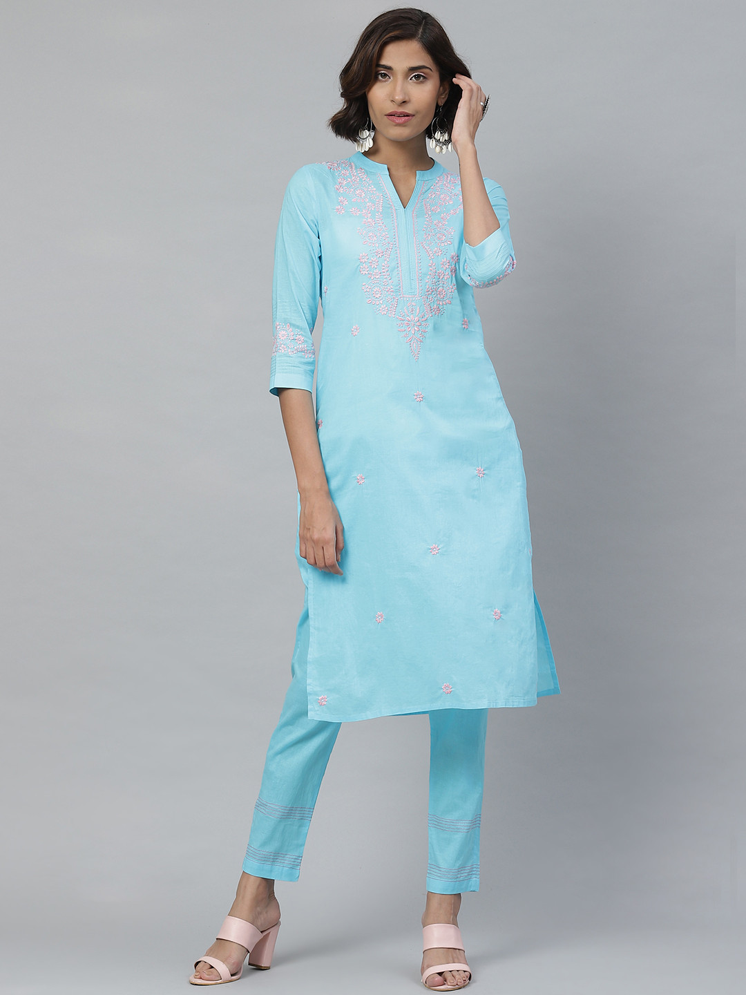 

ADA Women Blue & Pink Chikankari Embroidered Sustainable Handloom Kurta with Trousers