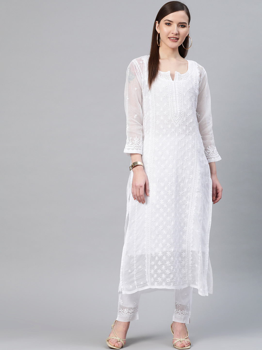 

ADA Women White Chikankari Embroidered Layered Sustainable Handloom Kurta with Trousers