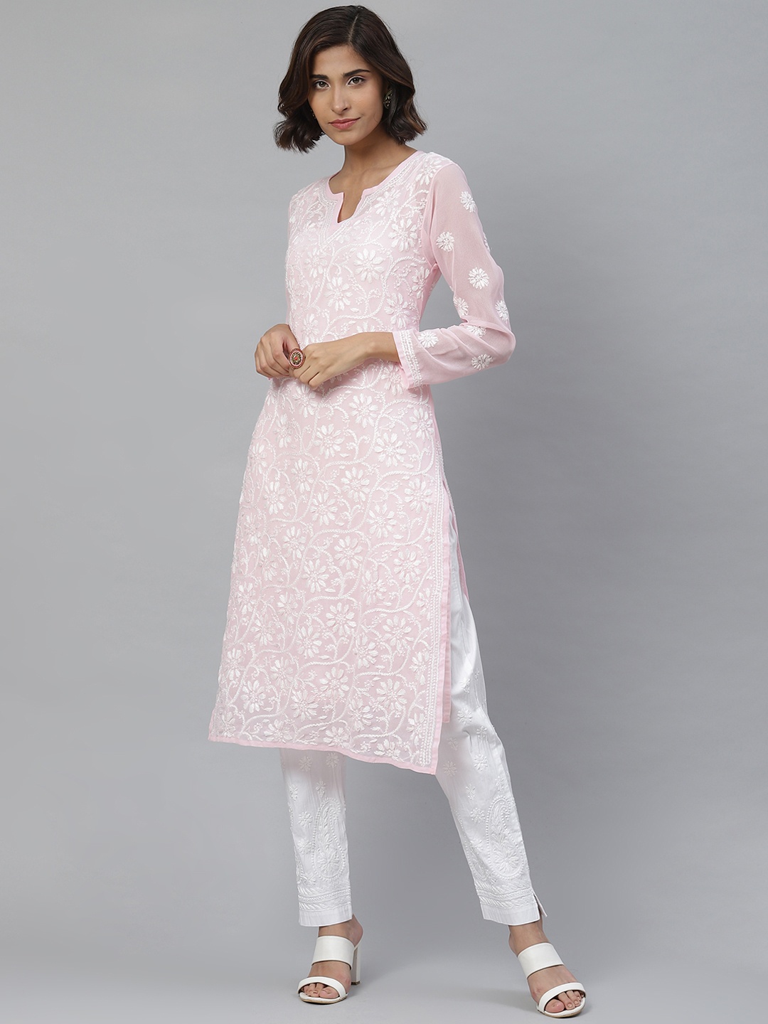 

ADA Women Pink & White Chikankari Embroidered Sustainable Handloom Kurta with Trousers