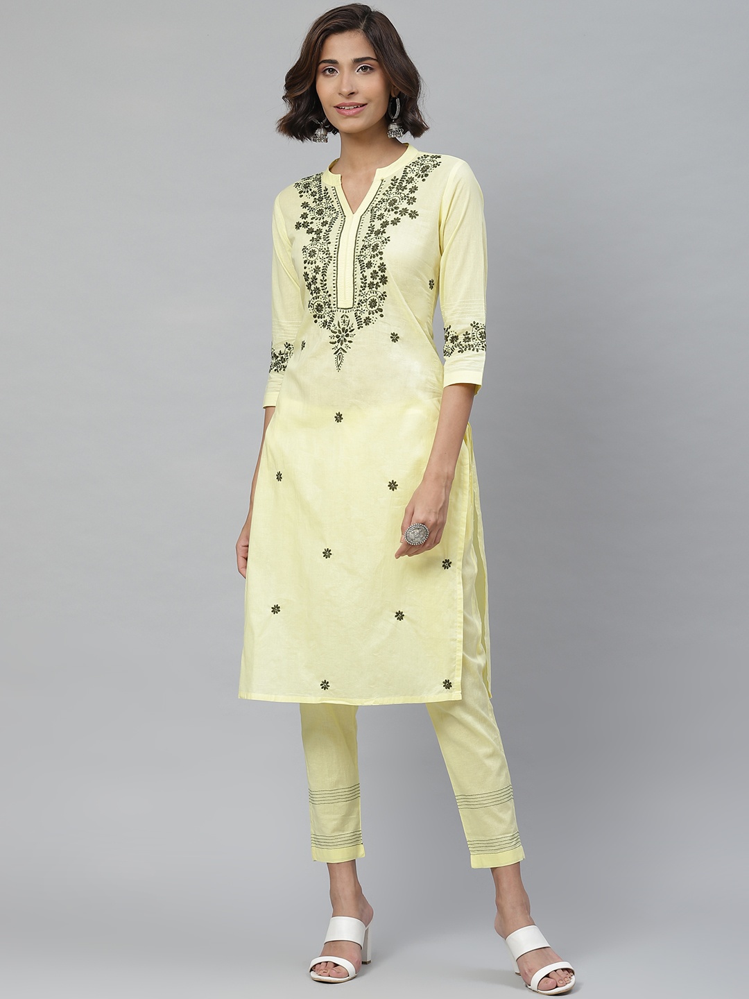 

ADA Women Yellow & Olive Green Chikankari Floral Embroidered Sustainable Handloom Kurta with Trousers