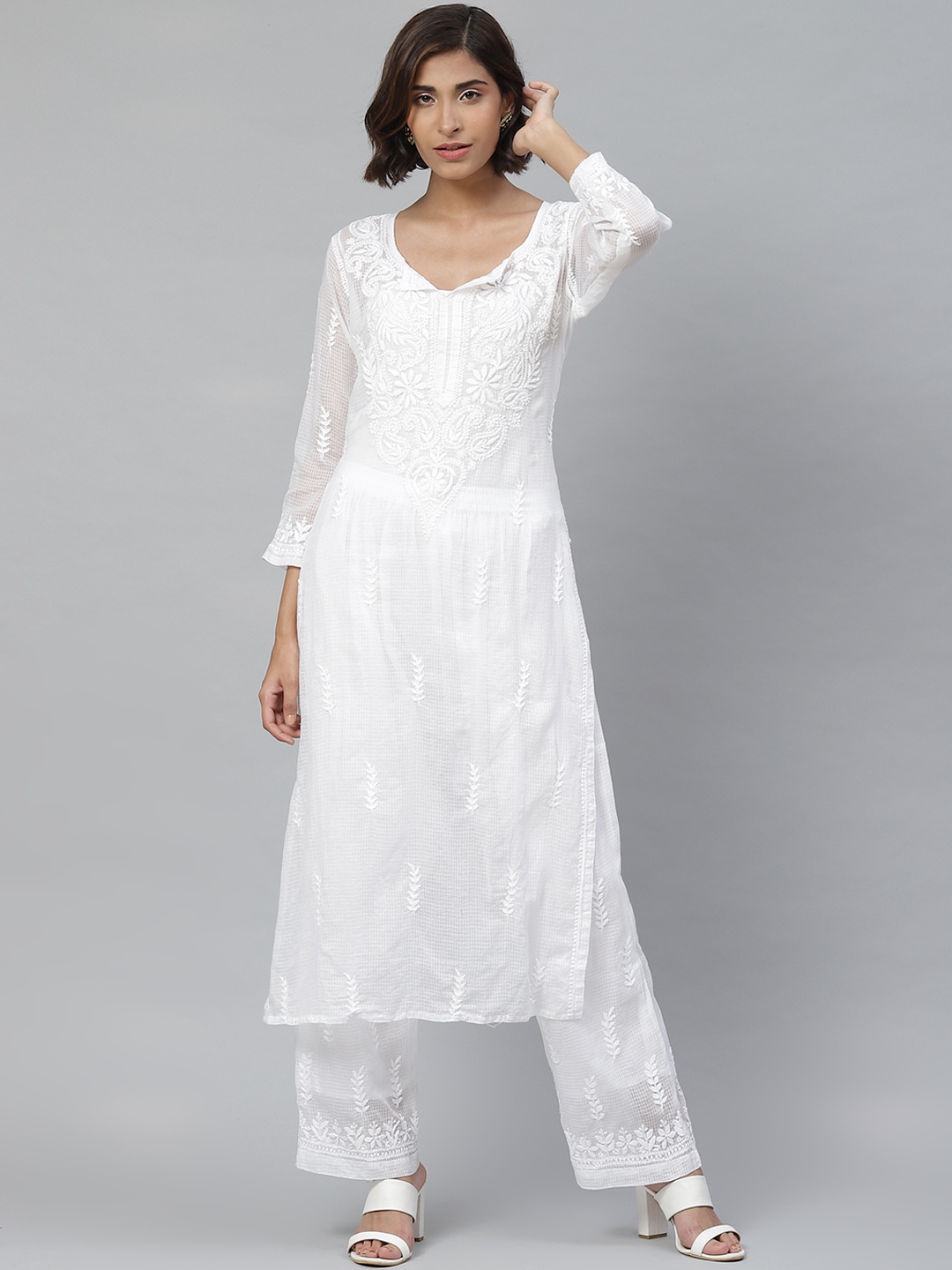 

ADA Women White Chikankari Paisley Embroidered Sustainable Kota Handloom Kurta with Palazzos
