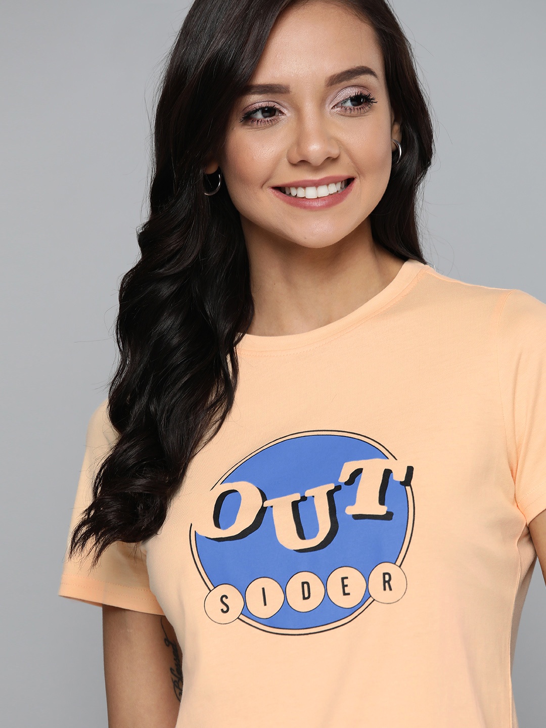 

Mast & Harbour Women Peach and Blue Printed Round Neck T-shirt