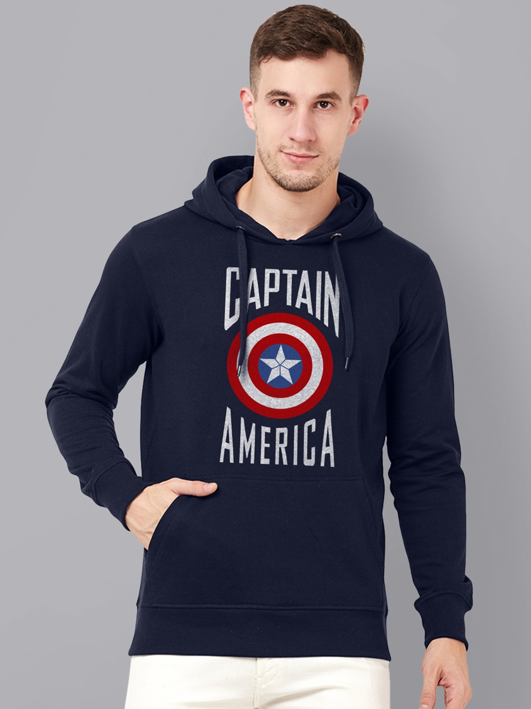 

Free Authority Men Navy Blue Captain America Printed Hooded Sweatshirt