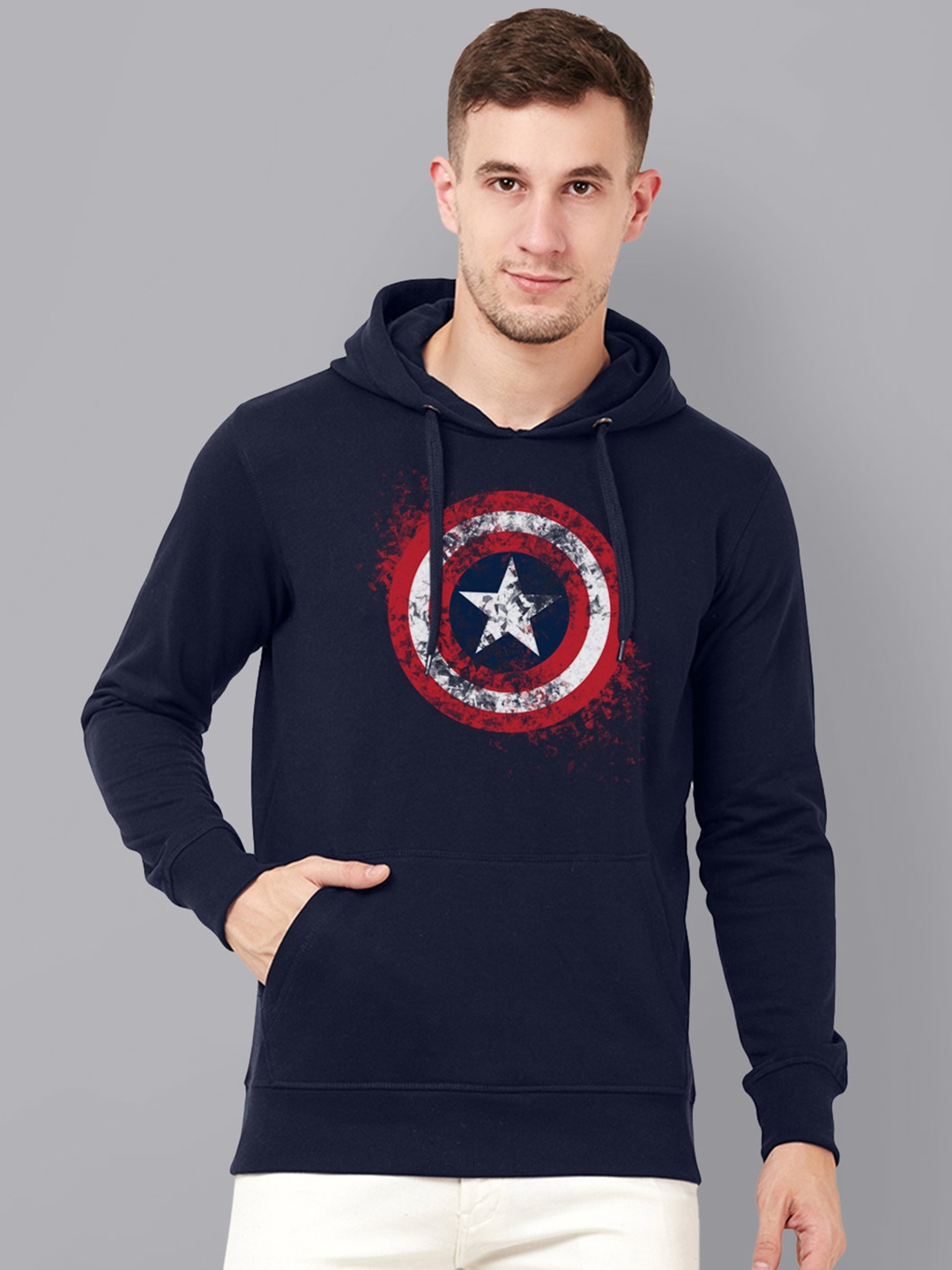 

Free Authority Men Navy Blue Printed Captain America Hooded Sweatshirt