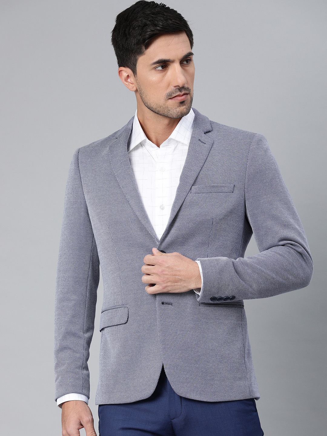 

Arrow New York Men Navy Blue & White Self Design Zero Calorie Fit Single-Breasted Blazer