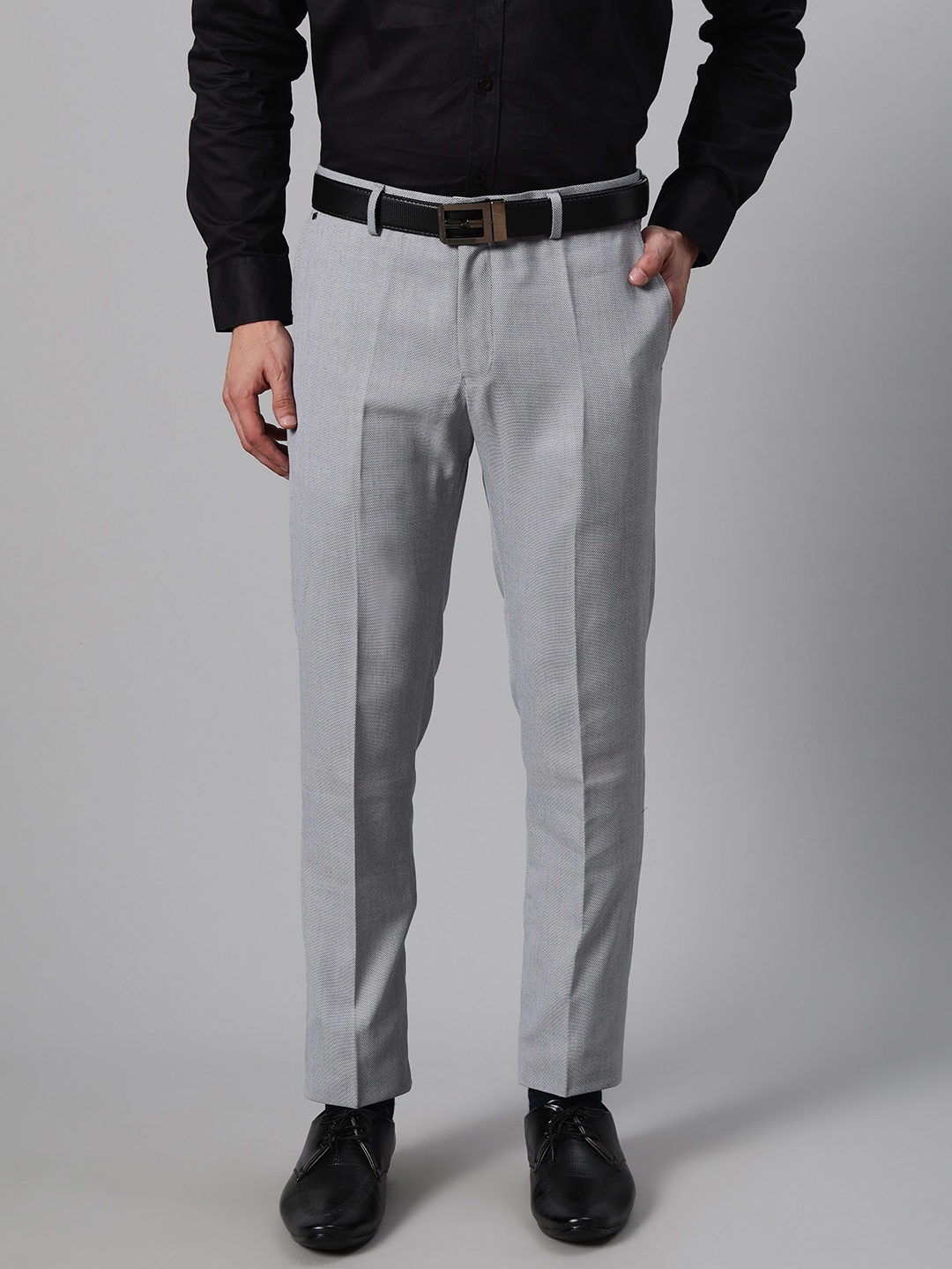 

Blackberrys Men Blue & Off-White B-95 Slim Fit Textured Formal Trousers
