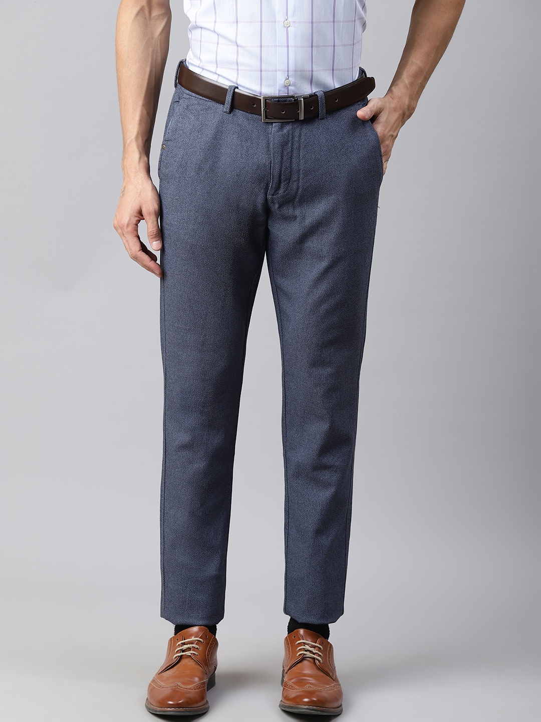 

Blackberrys Men Navy Blue Roger Slim Fit Self Design Formal Trousers
