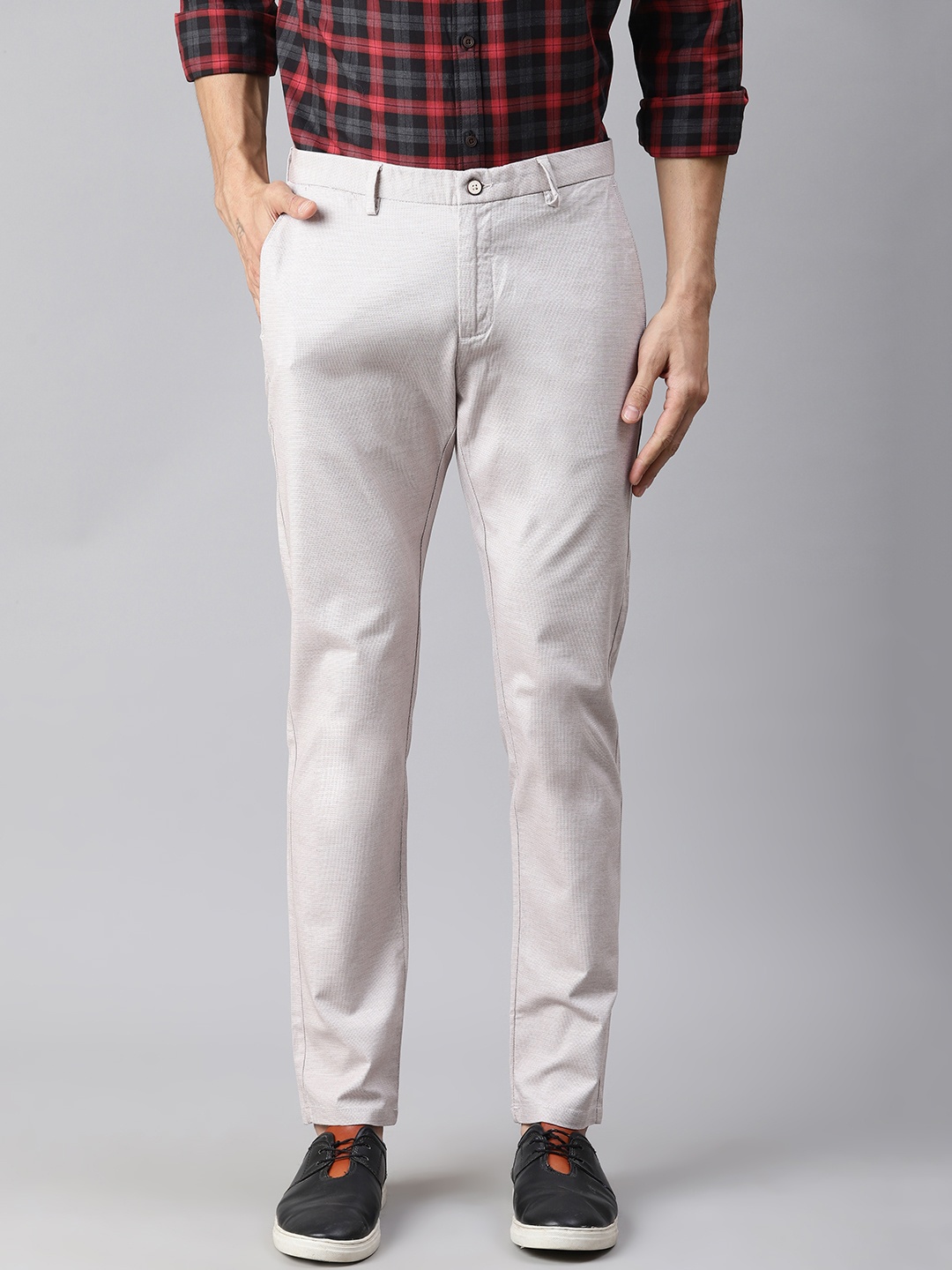 

Blackberrys Men Beige & Brown Phoenix Skinny Fit Self Design Regular Trousers