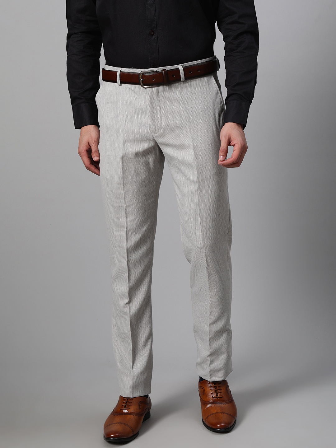 

Blackberrys Men Grey & White Tapered Fit Textured B-95 Slim Fit Formal Trousers