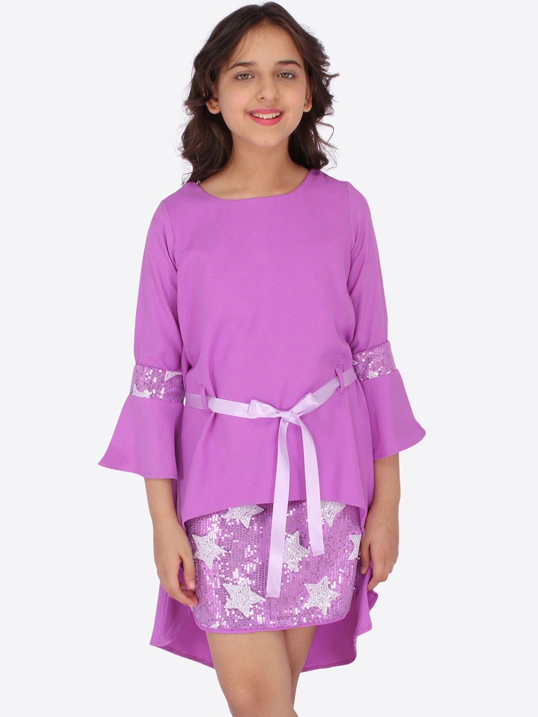 

CUTECUMBER Girls Purple Layered Sequinned Fit and Flare Dress