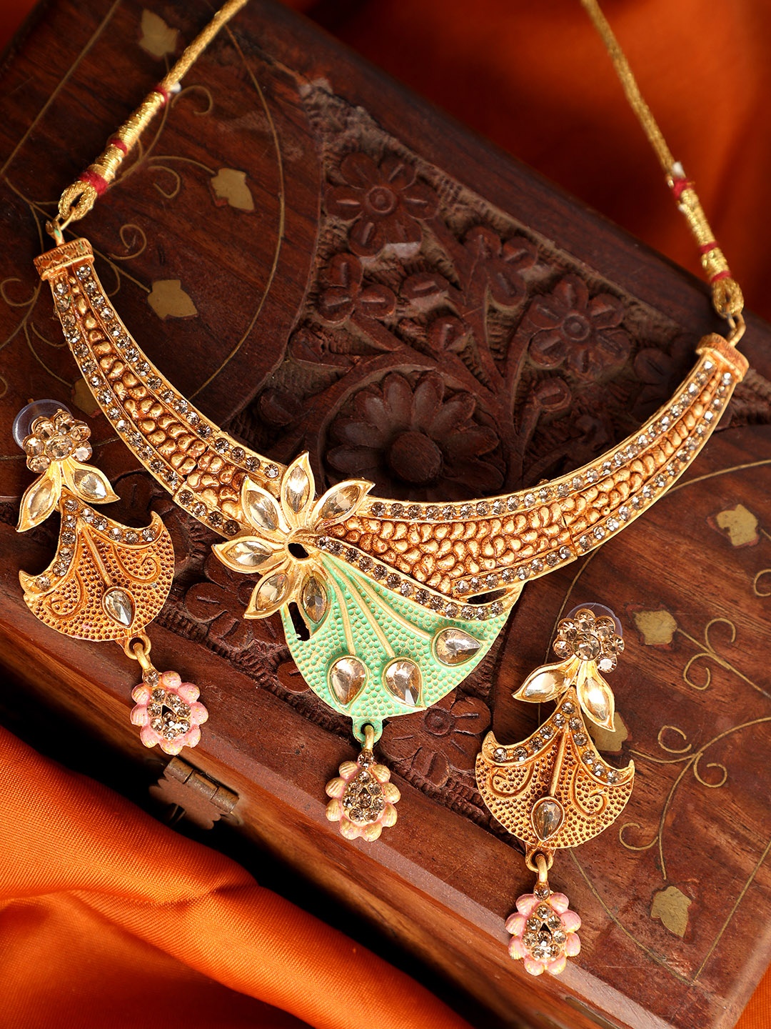 

ANIKAS CREATION Gold-Plated Sea-Green & Beige Stone-Studded Enamelled Sustainable Jewellery Set
