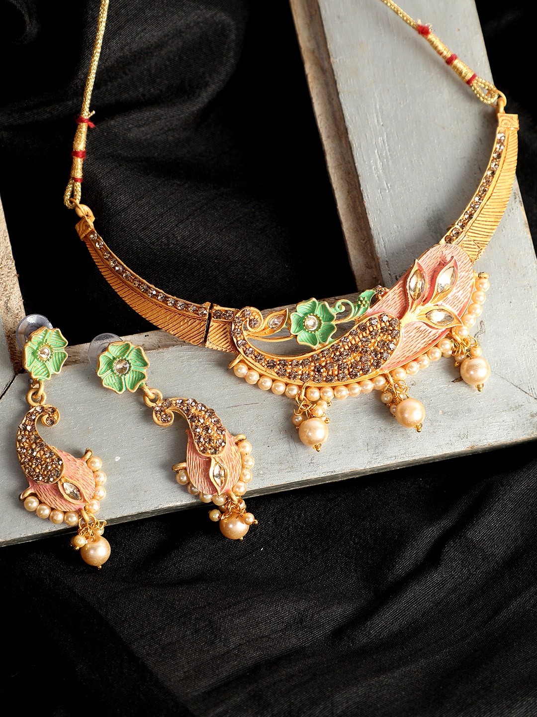 

ANIKAS CREATION Gold-Plated Pink & Sea Green Enamelled Stone-Studded Traditional Jewellery Set