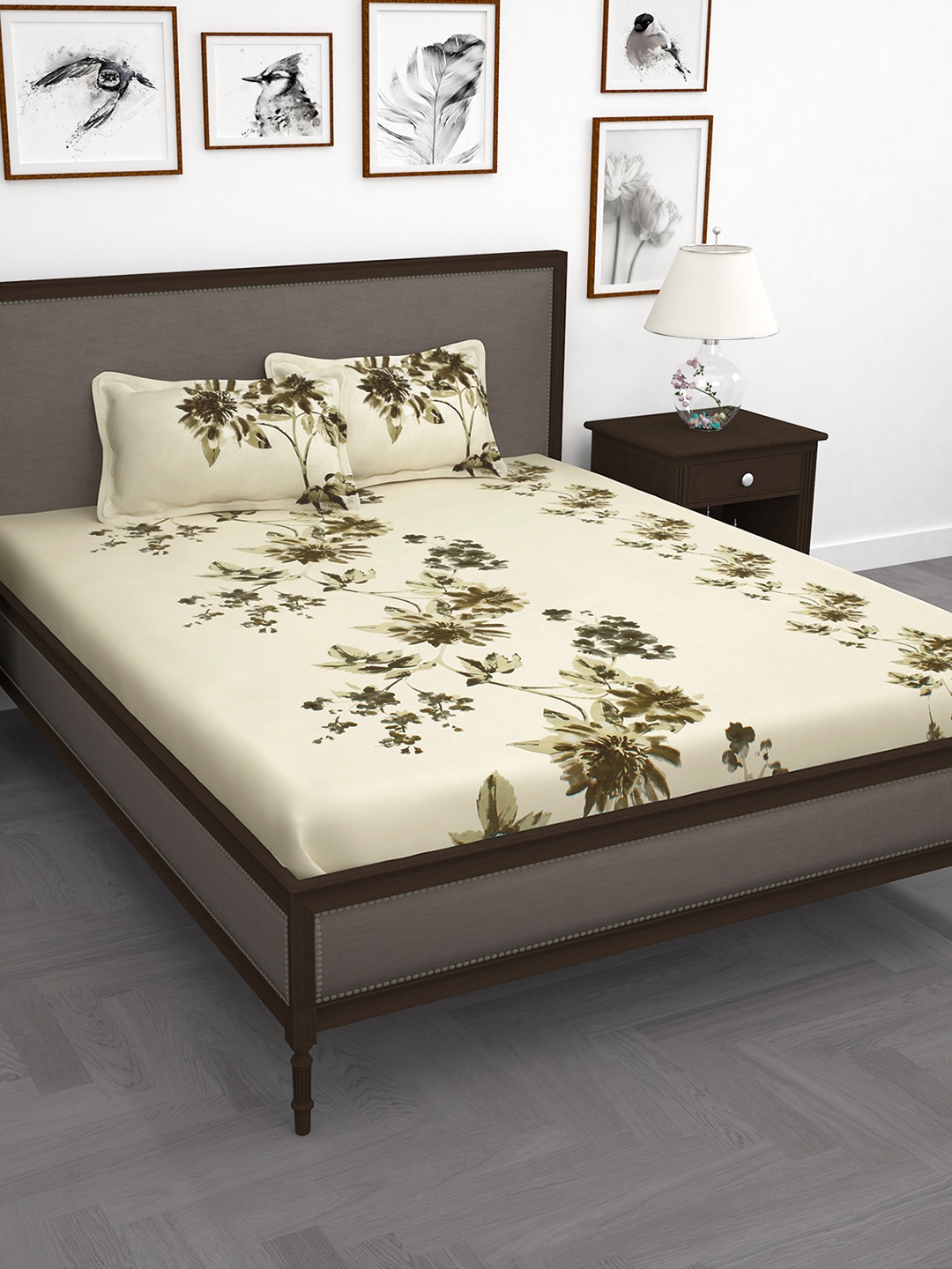 

Story@home Cream-Coloured & Green Floral 210 TC Cotton 1 King Bedsheet with 2 Pillow Covers