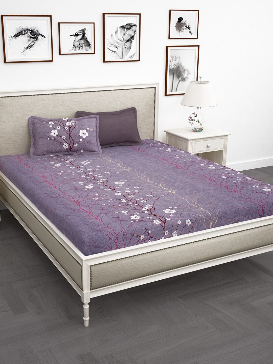

Story@home Purple & White Floral 240TC Cotton 1 King Bedsheet with 2 Pillow Covers
