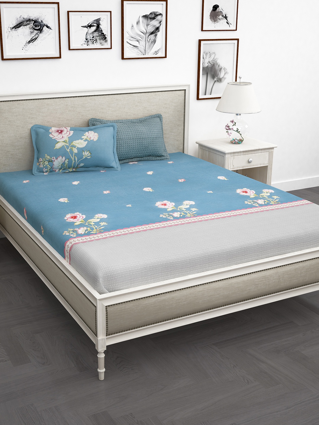 

Story@home Blue & Pink Floral 210 TC Cotton 1 King Bedsheet with 2 Pillow Covers
